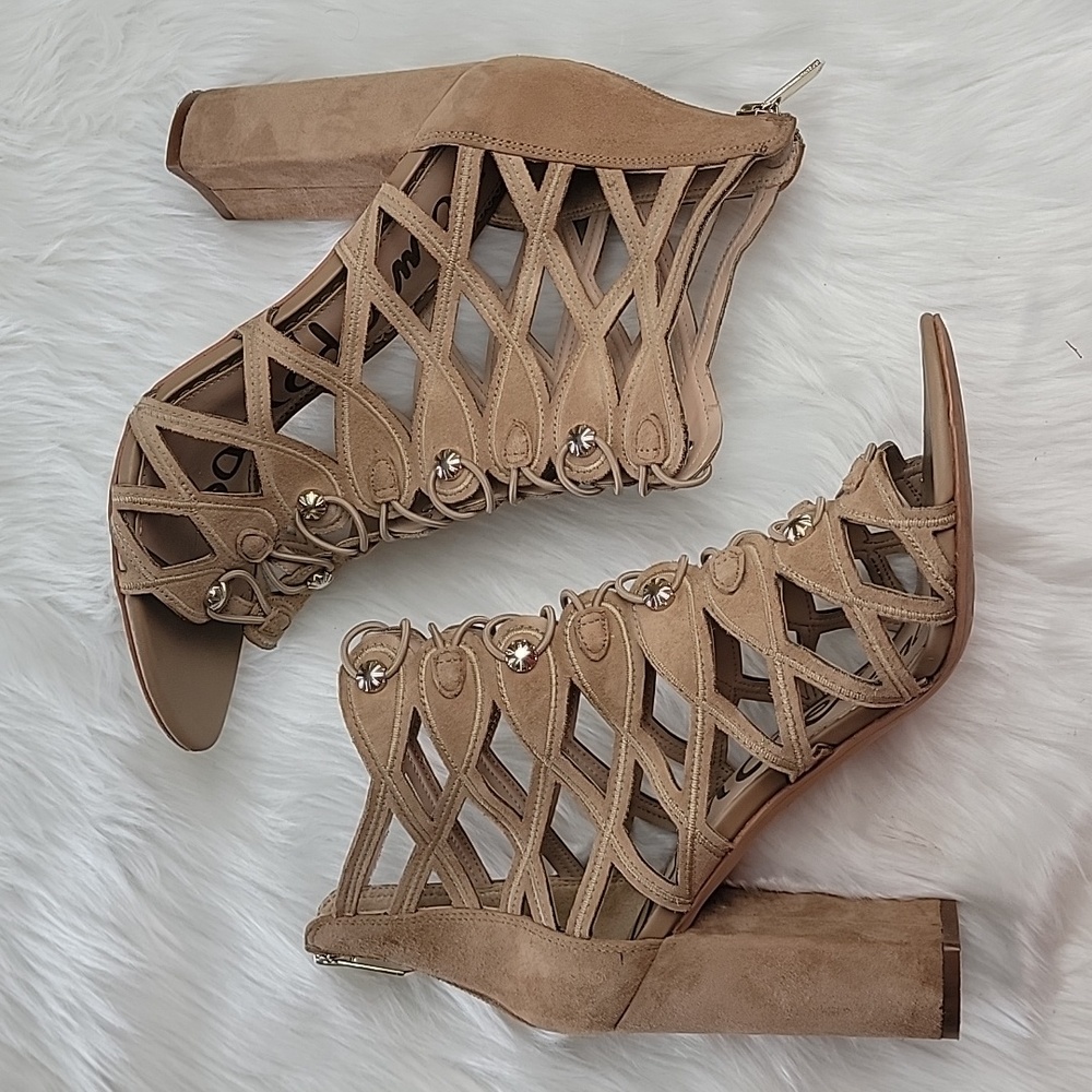 SAM EDELMAN Yeager Nude Cut Out Open Toe Block Heel Suede Glam‎ Sandal Bootie 10